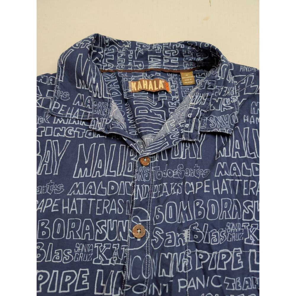 Kahala Men's "World Surf Spots" Hawaiian Shirt Blue White Wooden Buttons XL JAWS